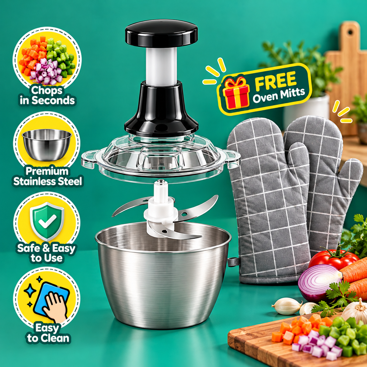 2L Stainless Steel Push Chopper + FREE Oven Gloves