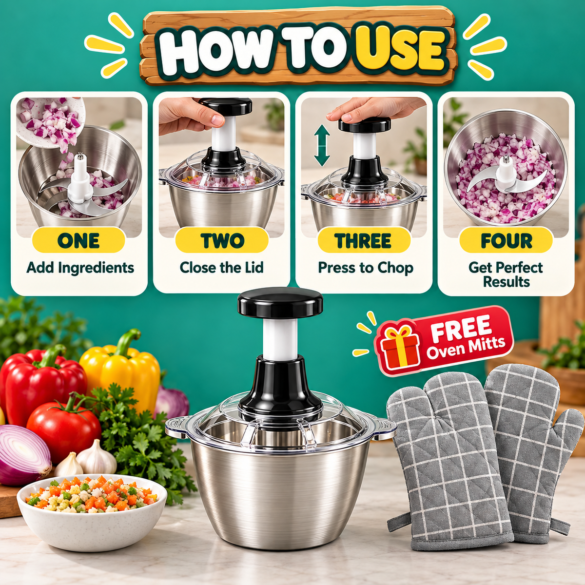 2L Stainless Steel Push Chopper + FREE Oven Gloves