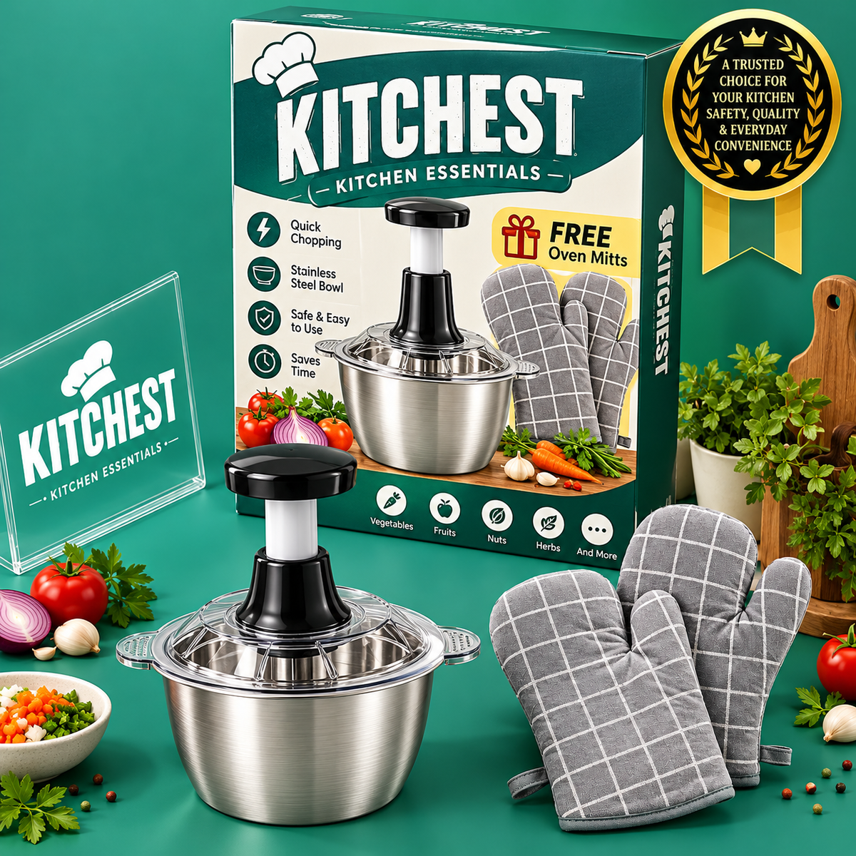 2L Stainless Steel Push Chopper + FREE Oven Gloves