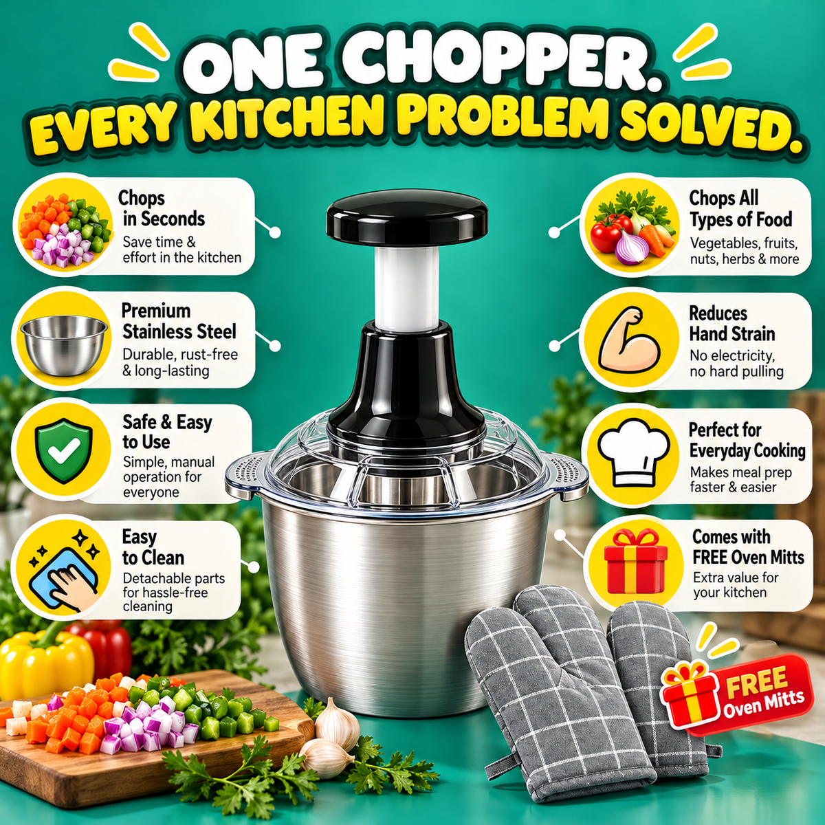 2L Stainless Steel Push Chopper + FREE Oven Gloves