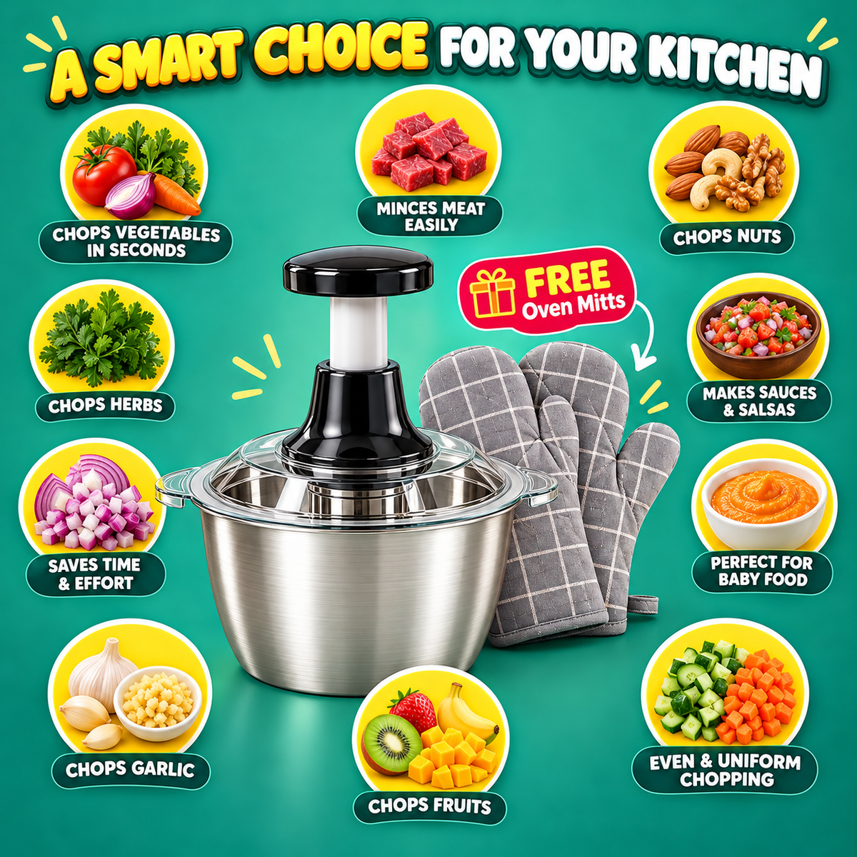 2L Stainless Steel Push Chopper + FREE Oven Gloves